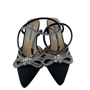 Elegant Park black satin micro crystal double bow statement high heels 6 NWOB